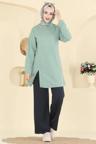 P.L. - Yırtmacı Aksesuar Düğmeli Takım PL9181 Mint&Laci