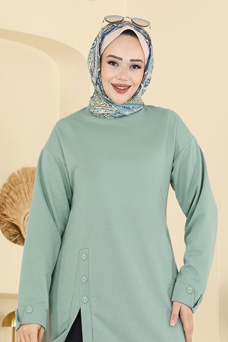 moda selvim Yırtmacı Aksesuar Düğmeli Takım PL9181 Mint&Laci - Thumbnail