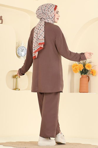 moda selvim Yırtmacı Aksesuar Düğmeli Takım PL9181 Pudra Vizyon - Thumbnail