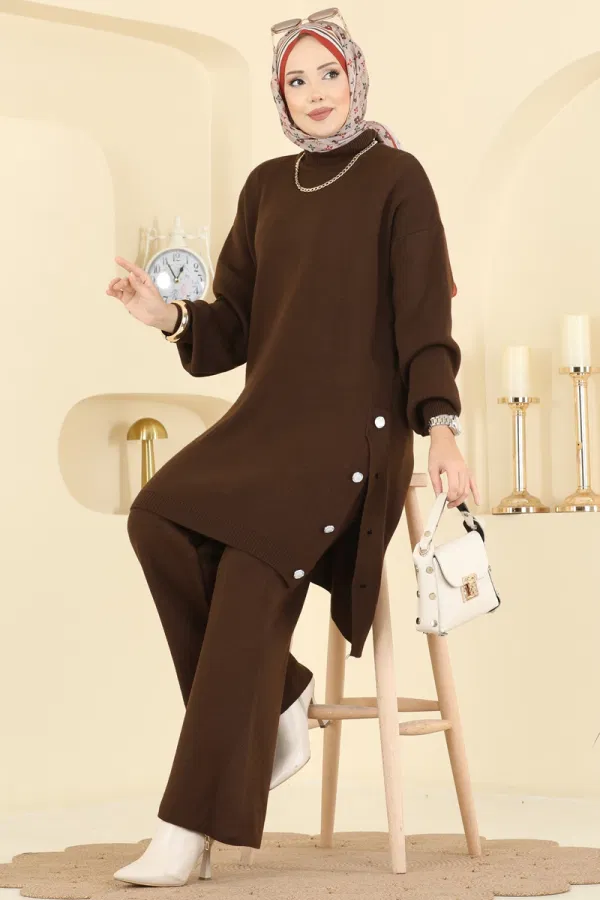 Modaselvim Kombin Yırtmacı Düğme Detaylı Takım 2763AYD574 Kahve