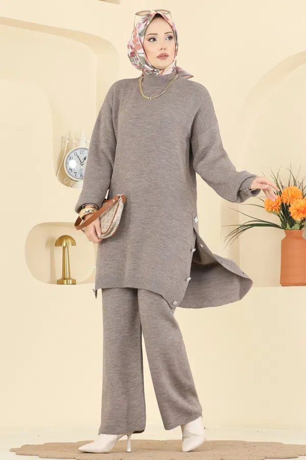 Modaselvim Kombin Yırtmacı Düğme Detaylı Takım 2763AYD574 Koyu Vizyon