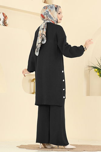 moda selvim Yırtmacı Düğme Detaylı Takım 2763AYD574 Siyah - Thumbnail