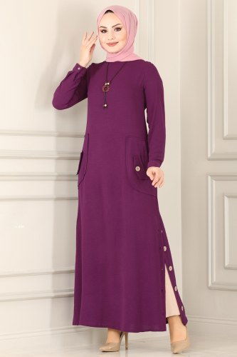 moda selvim Yırtmacı Düğmeli Tesettür Elbise 4346BSK463 Mürdüm - Thumbnail