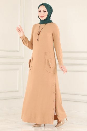 moda selvim Yırtmacı Düğmeli Tesettür Elbise 4346BSK463 Vizyon - Thumbnail