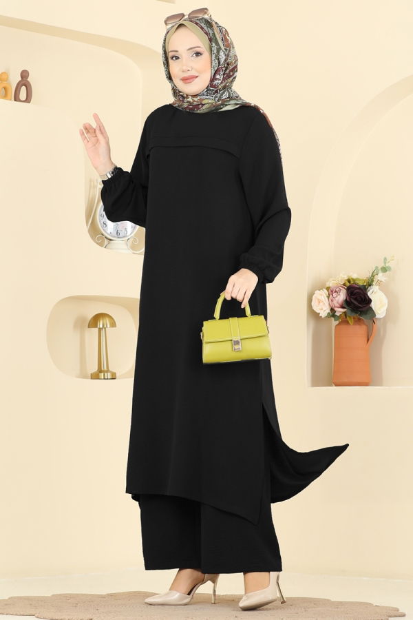 Modaselvim Kombin Yırtmaçlı Aerobin 2 li Takım PL9217 Siyah