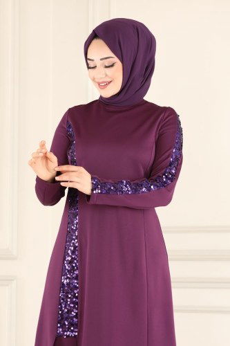 moda selvim Yırtmaçlı Krep Takım ASM2554 Mürdüm - Thumbnail