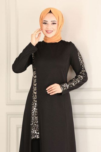 moda selvim Yırtmaçlı Krep Takım ASM2554 Siyah - Thumbnail