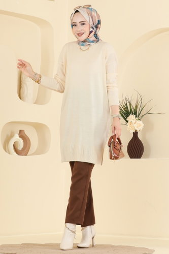 K.L.N. - Yırtmaçlı Triko Rahat Tunik 1090KLN570 Taş