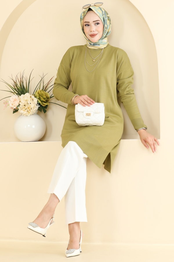 Modaselvim Tunik Yırtmaçlı Triko Rahat Tunik 1090KLN570 Yağ Yeşili