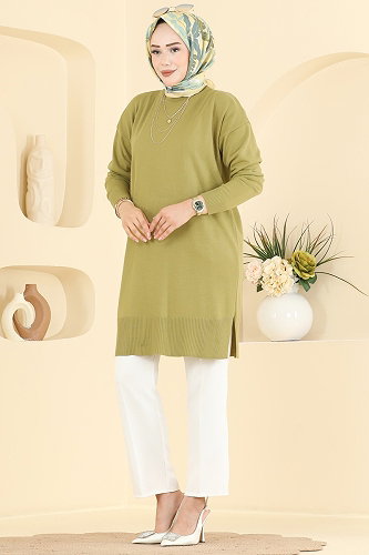 moda selvim Yırtmaçlı Triko Rahat Tunik 1090KLN570 Yağ Yeşili - Thumbnail