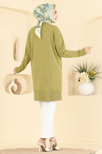 moda selvim Yırtmaçlı Triko Rahat Tunik 1090KLN570 Yağ Yeşili - Thumbnail