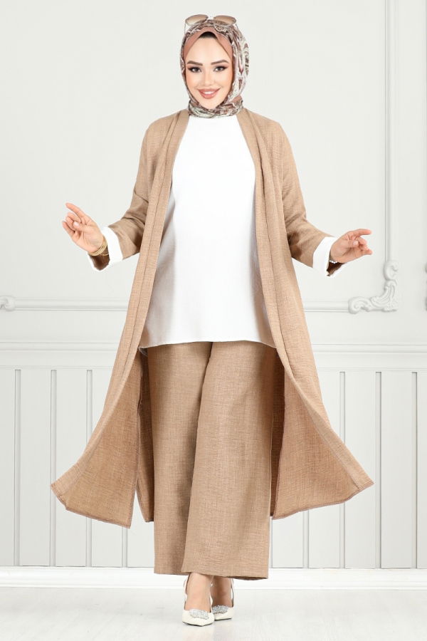 Modaselvim Kombin Yırtmaçlı Üçlü Takım 1774LNA1042-M Latte