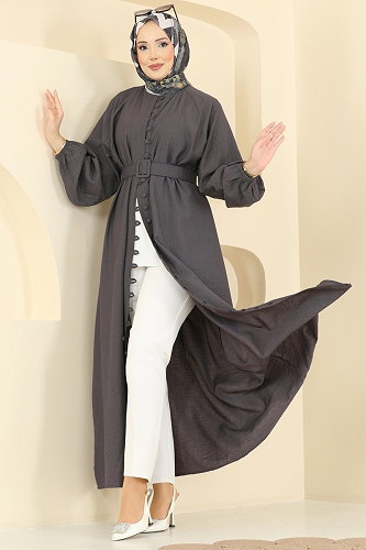 moda selvim Zarif Düğme Detaylı Elbise 379ASN888 Antrasit - Thumbnail