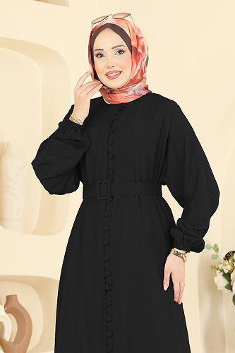 moda selvim Zarif Düğme Detaylı Elbise 379ASN888 Siyah - Thumbnail