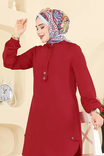 moda selvim Zarif Düğmeli Şık Tunik 2825SLK540 Kırmızı - Thumbnail
