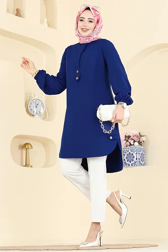 moda selvim Zarif Düğmeli Şık Tunik 2825SLK540 Saks - Thumbnail