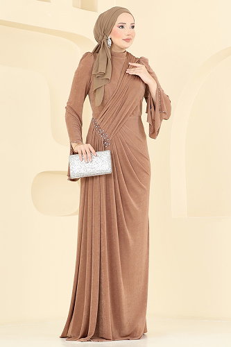 moda selvim Zarif Kol Detaylı Abiye 173DMNK1166 Latte - Thumbnail