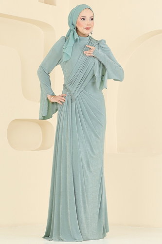 moda selvim Zarif Kol Detaylı Abiye 173DMNK1166 Mint - Thumbnail
