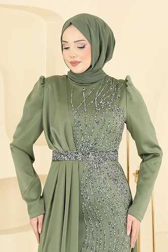 moda selvim Zarif Taş Süslemeli Abiye 5807EDFK1198 Çağla - Thumbnail
