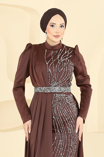 moda selvim Zarif Taş Süslemeli Abiye 5807EDFK1198 Kahve - Thumbnail
