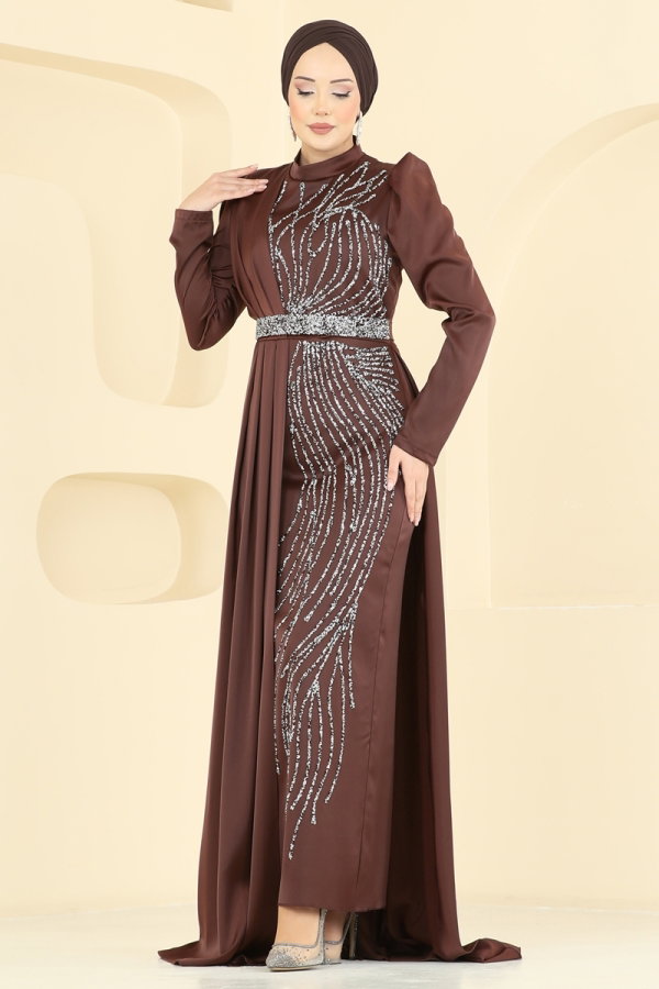 Modaselvim ABİYE Zarif Taş Süslemeli Abiye 5807EDFK1198 Kahve
