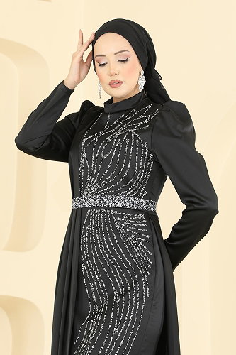 moda selvim Zarif Taş Süslemeli Abiye 5807EDFK1198 Siyah - Thumbnail