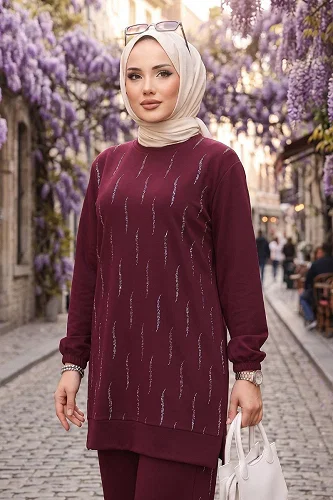 moda selvim Zarif Taşlı 2 li Takım 116NZRK1200 Bordo - Thumbnail