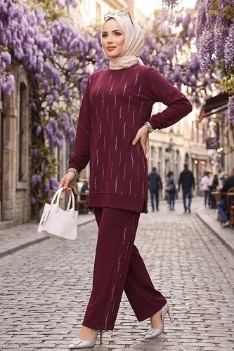 moda selvim Zarif Taşlı 2 li Takım 116NZRK1200 Bordo - Thumbnail
