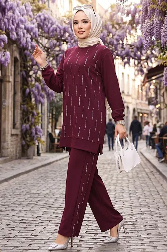 moda selvim Zarif Taşlı 2 li Takım 116NZRK1200 Bordo - Thumbnail