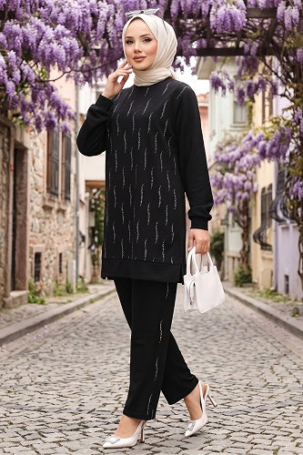 moda selvim Zarif Taşlı 2 li Takım 116NZRK1200 Siyah - Thumbnail