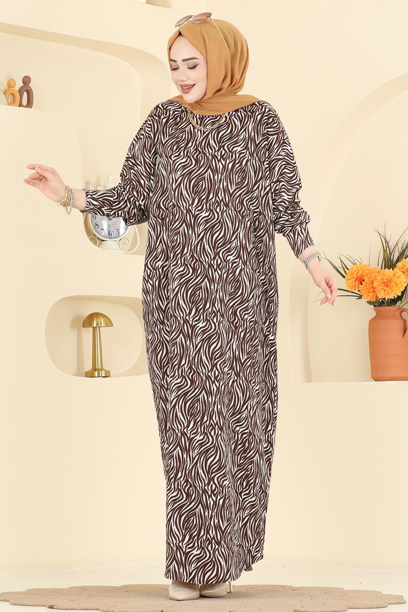 Zebra Desen Bürümcük Elbise 7154ERK1158 Kahve