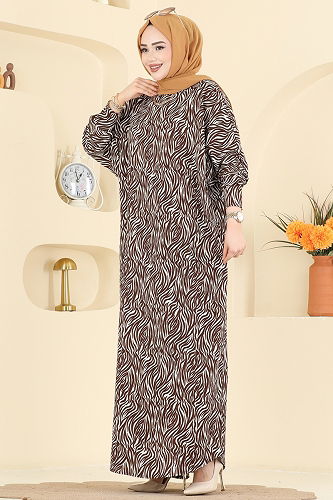 moda selvim Zebra Desen Bürümcük Elbise 7154ERK1158 Kahve - Thumbnail