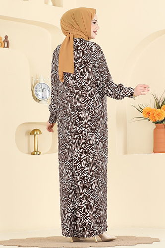 moda selvim Zebra Desen Bürümcük Elbise 7154ERK1158 Kahve - Thumbnail
