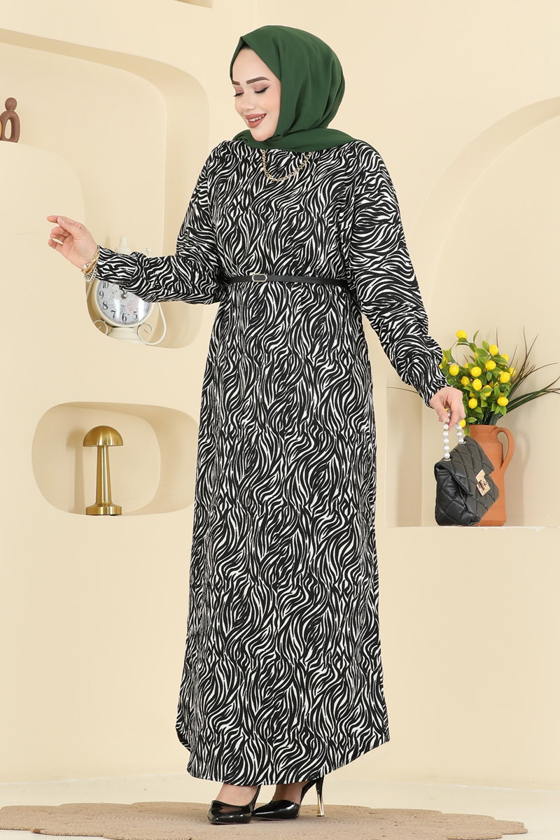 Zebra Desen Bürümcük Elbise 7154ERK1158 Siyah