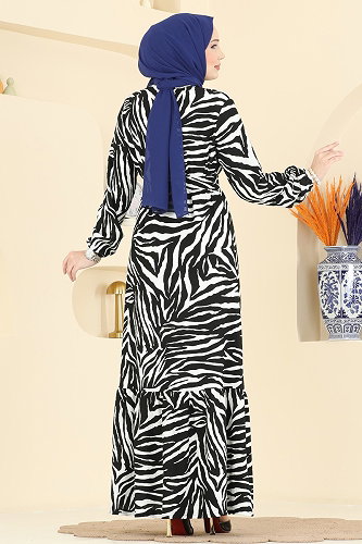 moda selvim Zebra Desenli Ayrobin Elbise 731PM271 Siyah&Ekru - Thumbnail