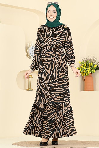 moda selvim Zebra Desenli Ayrobin Elbise 731PM271 Vizyon&Siyah - Thumbnail