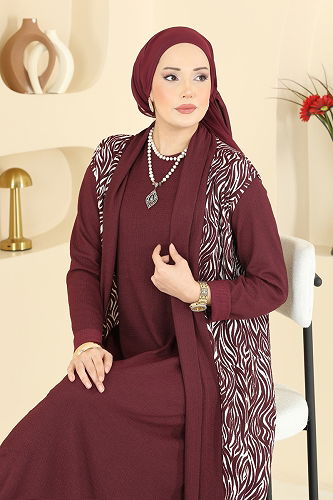 moda selvim Zebra Desenli Bürümcük Takım 0354ERK1158 Bordo - Thumbnail