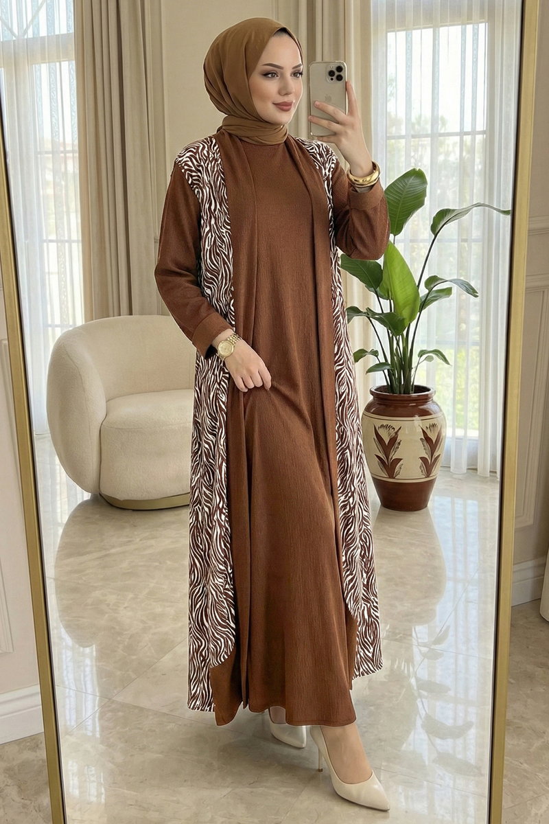 *:;;;:* 【SDMのお洋服 　落ち着いたブラウンのお洋服】*:;;;:* Zebra Desenli Bürümcük Takım 0354ERK1158 Kahve - Moda Selvim