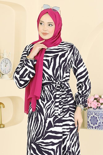 moda selvim Zebra Desenli Kemerli Elbise 731PM271 Laci&Ekru - Thumbnail