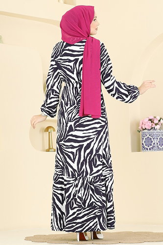 moda selvim Zebra Desenli Kemerli Elbise 731PM271 Laci&Ekru - Thumbnail