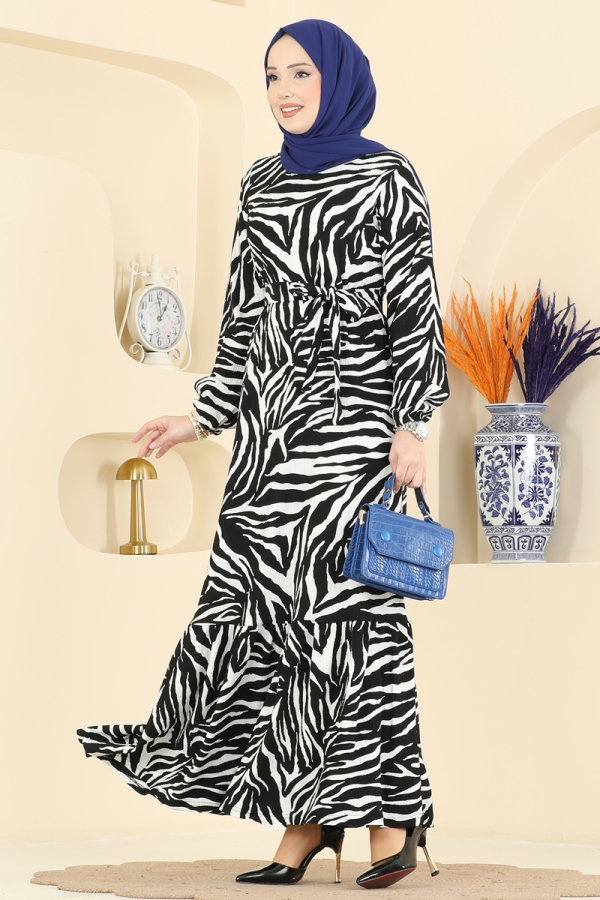 Modaselvim Elbise Zebra Desenli Kemerli Elbise 731PM271 Siyah&Ekru