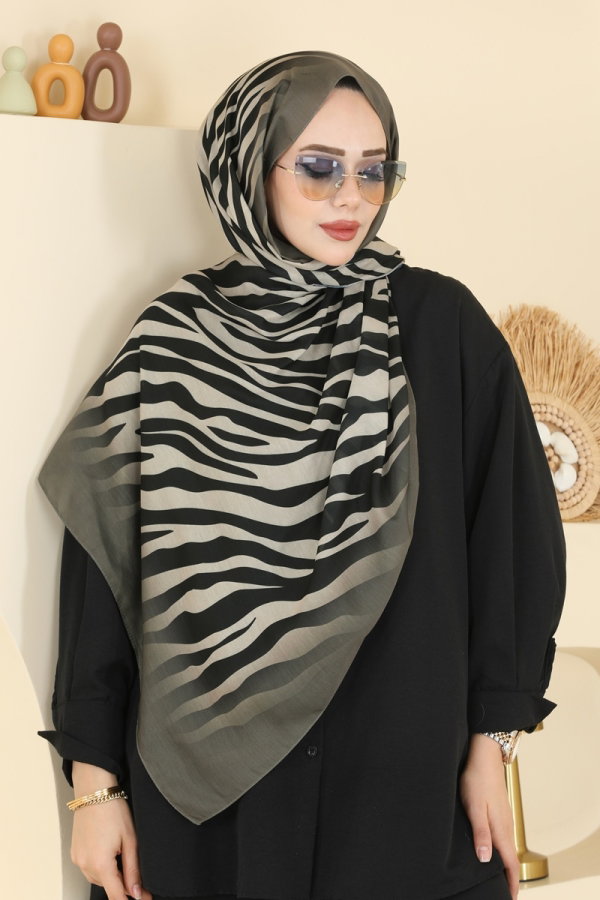 Modaselvim Şal Zebra Desenli Soft Şal Serisi 155IPK758 Koyu Haki