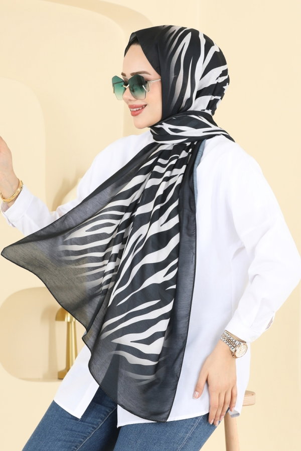 Modaselvim Şal Zebra Desenli Soft Şal Serisi 155IPK758 Siyah&Taş