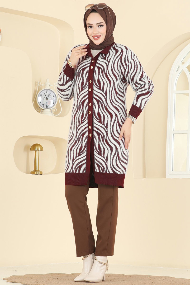 Zebra Desenli Triko Hırka 3286BRZ597 Bordo