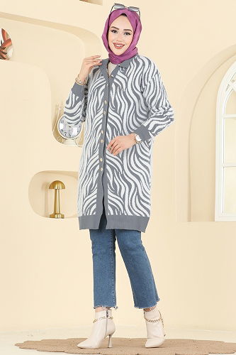 moda selvim Zebra Desenli Triko Hırka 3286BRZ597 Gri - Thumbnail
