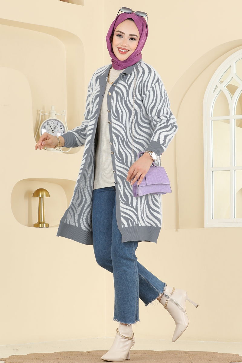 Zebra Desenli Triko Hırka 3286BRZ597 Gri - Moda Selvim