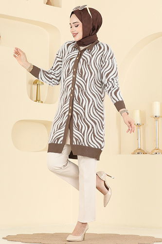 moda selvim Zebra Desenli Triko Hırka 3286BRZ597 Koyu Vizyon - Thumbnail