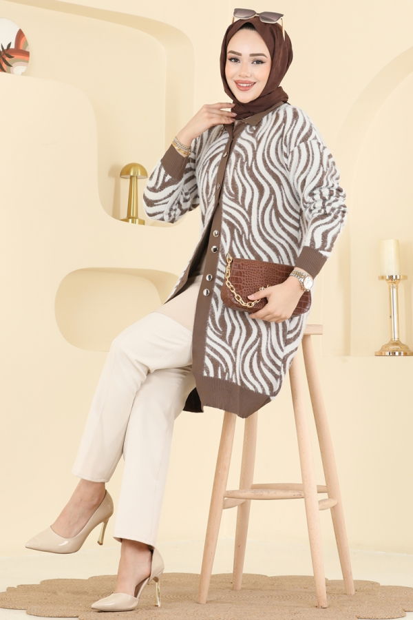 Modaselvim Hırka/Yelek Zebra Desenli Triko Hırka 3286BRZ597 Koyu Vizyon