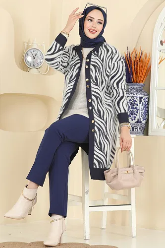 moda selvim Zebra Desenli Triko Hırka 3286BRZ597 Laci - Thumbnail