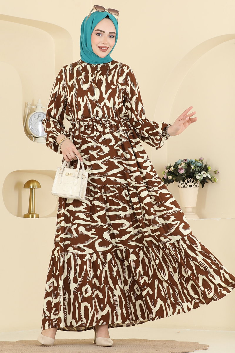 Zebra Desenli Viskon Elbise 7158ERK1158 Kahve